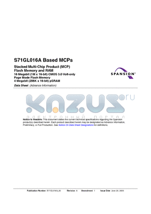 S71GL016A datasheet - Stacked Multi-Chip Product (MCP) Flash Memory and RAM