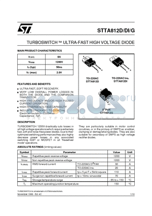 STTA812D datasheet - TURBOSWITCH  ULTRA-FAST HIGH VOLTAGE DIODE
