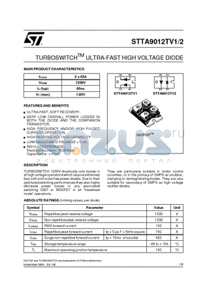 STTA9012TV2 datasheet - TURBOSWITCHTM ULTRA-FAST HIGH VOLTAGE DIODE