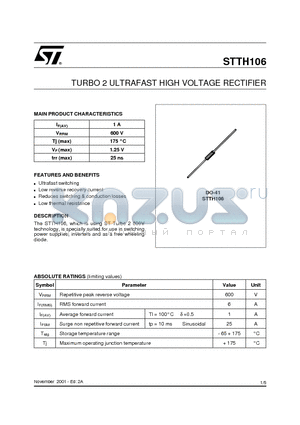 STTH106 datasheet - TURBO 2 ULTRAFAST HIGH VOLTAGE RECTIFIER