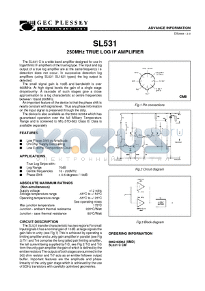 SL531 datasheet - 250MHz TRUE LOG IF AMPLIFIER