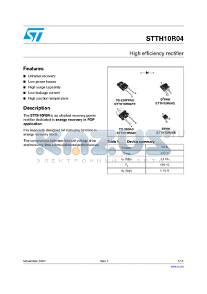 STTH10R04D datasheet - High efficiency rectifier