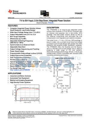 TPS84250RKGR datasheet - 7-V to 50-V Input, 2.5-A Step-Down, Integrated Power Solution