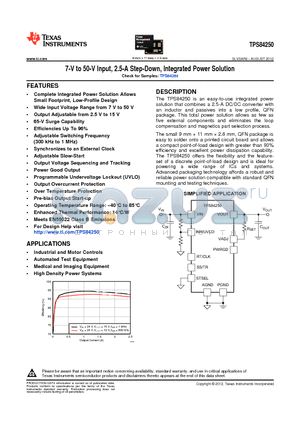 TPS84250RKGT datasheet - 7-V to 50-V Input, 2.5-A Step-Down, Integrated Power Solution