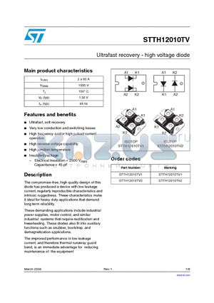 STTH12010TV1 datasheet - Ultrafast recovery - high voltage diode