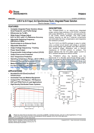 TPS84610 datasheet - 2.95-V to 6-V Input, 6-A Synchronous Buck, Integrated Power Solution