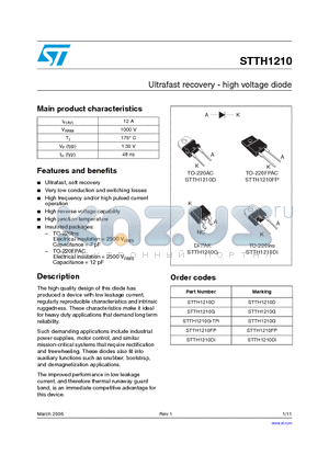 STTH1210 datasheet - Ultrafast recovery - high voltage diode