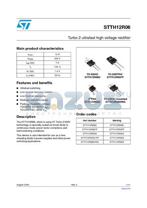 STTH12R06DI datasheet - TURBO 2 ULTRAFAST HIGH VOLTAGE RECTIFIER