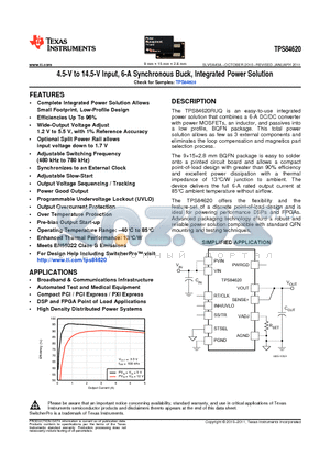 TPS84620 datasheet - 4.5-V to 14.5-V Input, 6-A Synchronous Buck, Integrated Power Solution