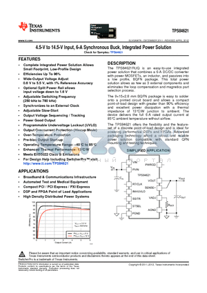 TPS84621RUQR datasheet - 4.5-V to 14.5-V Input, 6-A Synchronous Buck, Integrated Power Solution