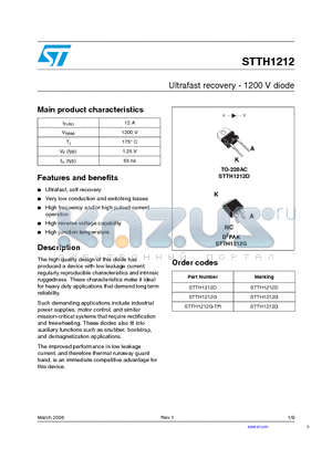 STTH1212G-TR datasheet - Ultrafast recovery - 1200 V diode