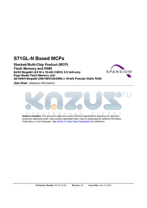 S71GL032N40-0K datasheet - Stacked Multi-Chip Product (MCP) Flash Memory and RAM