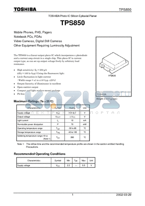 TPS850 datasheet - TOSHIBA Photo IC Silicon Epitaxial Planar