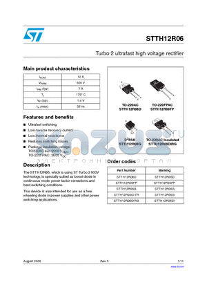 STTH12R066G-TR datasheet - TURBO 2 ULTRAFAST HIGH VOLTAGE RECTIFIER