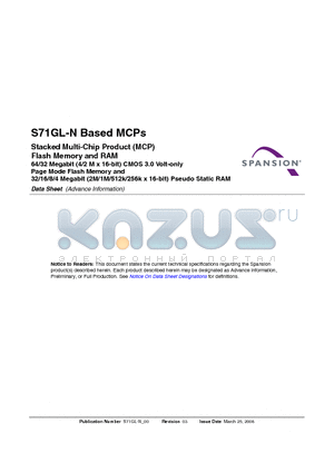 S71GL032N80-0P datasheet - Stacked Multi-Chip Product (MCP) Flash Memory and RAM