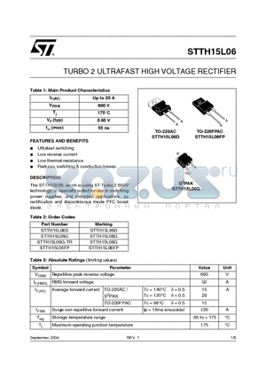 STTH15L06D datasheet - TURBO 2 ULTRAFAST HIGH VOLTAGE RECTIFIER