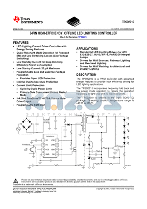 TPS92010 datasheet - 8-PIN HIGH-EFFICIENCY, OFFLINE LED LIGHTING CONTROLLER