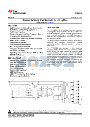 TPS92020 datasheet - Resonant-Switching Driver Controller for LED Lighting