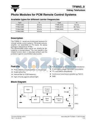 TFMN5380 datasheet - Photo Modules for PCM Remote Control Systems