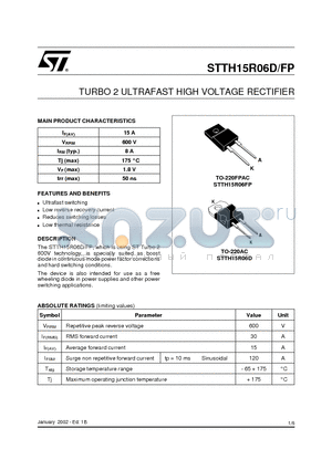 STTH15R06XX datasheet - TURBO 2 ULTRAFAST HIGH VOLTAGE RECTIFIER