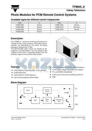 TFMN5400 datasheet - Photo Modules for PCM Remote Control Systems