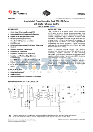 TPS92075 datasheet - Non-Isolated, Phase Dimmable, Buck PFC LED Driver with Digital Reference Control