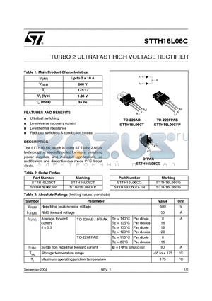 STTH16L06C datasheet - TURBO 2 ULTRAFAST HIGH VOLTAGE RECTIFIER