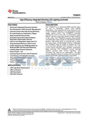 TPS92070PWR datasheet - High-Efficiency Integrated Dimming LED Lighting Controller