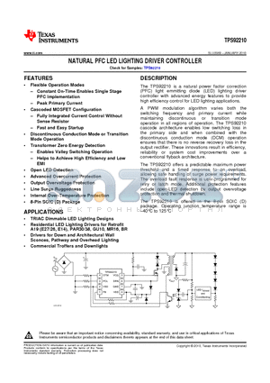 TPS92210DR datasheet - NATURAL PFC LED LIGHTING DRIVER CONTROLLER