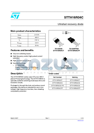 STTH16R04CFP datasheet - Ultrafast recovery diode