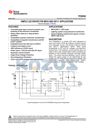 TPS92560DGQ/NOPB datasheet - SIMPLE LED DRIVER FOR MR16 AND AR111 APPLICATIONS
