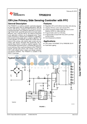 TPS92310 datasheet - Off-Line Primary Side Sensing Controller with PFC