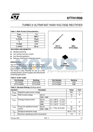 STTH1R06RL datasheet - TURBO 2 ULTRAFAST HIGH VOLTAGE RECTIFIER