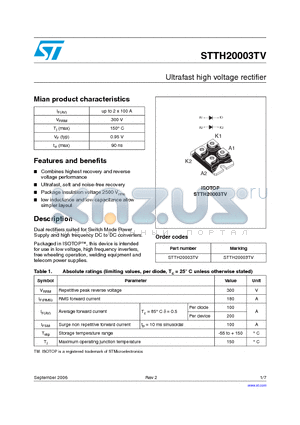 STTH20003TV datasheet - HIGH FREQUENCY SECONDARY RECTIFIER