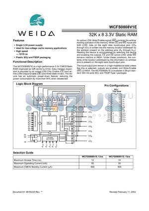 WCFS0808V1E-JC12 datasheet - 32K x 8 3.3V Static RAM