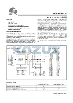 WCFS1016C1C datasheet - 64K x 16 Static RAM