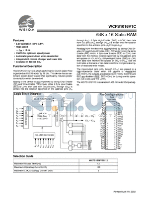 WCFS1016V1C-JC12 datasheet - 64K x 16 Static RAM