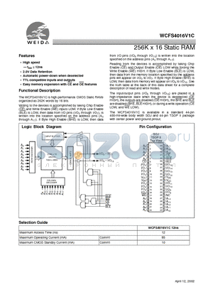 WCFS4016V1C-JC12 datasheet - 256K x 16 Static RAM