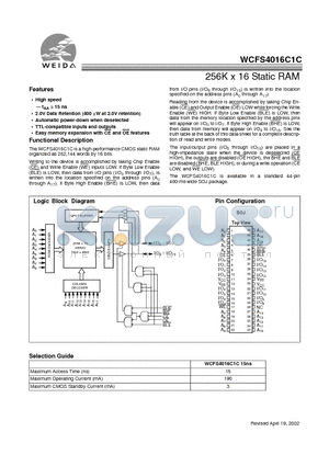 WCFS4016C1C-JC15 datasheet - 256K x 16 Static RAM