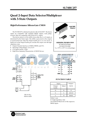 SL74HC257 datasheet - Quad 2-Input Data Selector/Multiplexer with 3-State Outputs