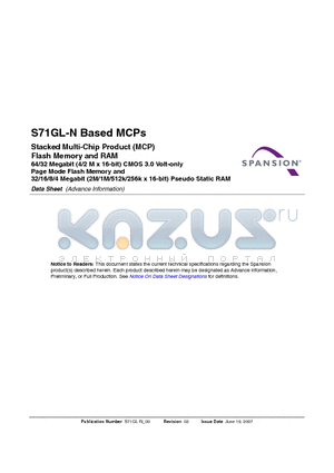 S71GL064NB0BFW0Z0 datasheet - Stacked Multi-Chip Product (MCP) Flash Memory and RAM