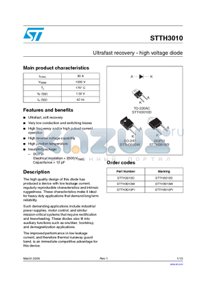 STTH3010D datasheet - Ultrafast recovery - high voltage diode