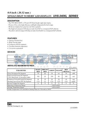 UVS-3401L datasheet - 0.8 inch ( 20.32 mm ) SINGLE DIGIT NUMERIC LED DISPLAYS