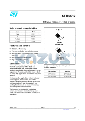 STTH3012W datasheet - Ultrafast recovery - 1200 V diode