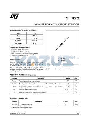 STTH302 datasheet - HIGH EFFICIENCY ULTRAFAST DIODE