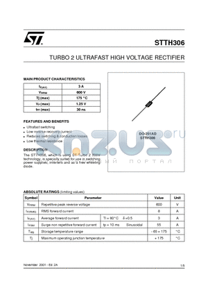 STTH306RL datasheet - TURBO 2 ULTRAFAST HIGH VOLTAGE RECTIFIER