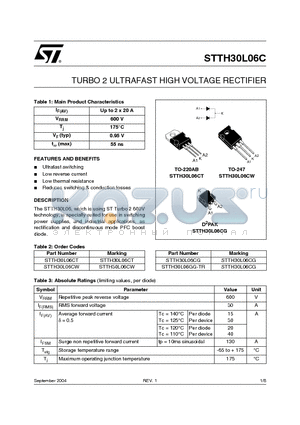 STTH30L06CW datasheet - TURBO 2 ULTRAFAST HIGH VOLTAGE RECTIFIER