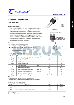 TFP2N60 datasheet - N-Channel Power MOSFET 2.0A, 600V, 4.6Y