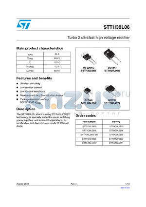 STTH30L06PI datasheet - Turbo 2 ultrafast high voltage rectifier