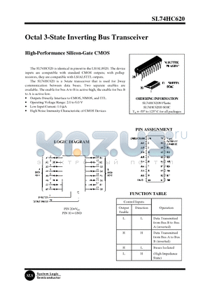 SL74HC620 datasheet - Octal 3-State Inverting Bus Transceiver(High-Performance Silicon-Gate CMOS)